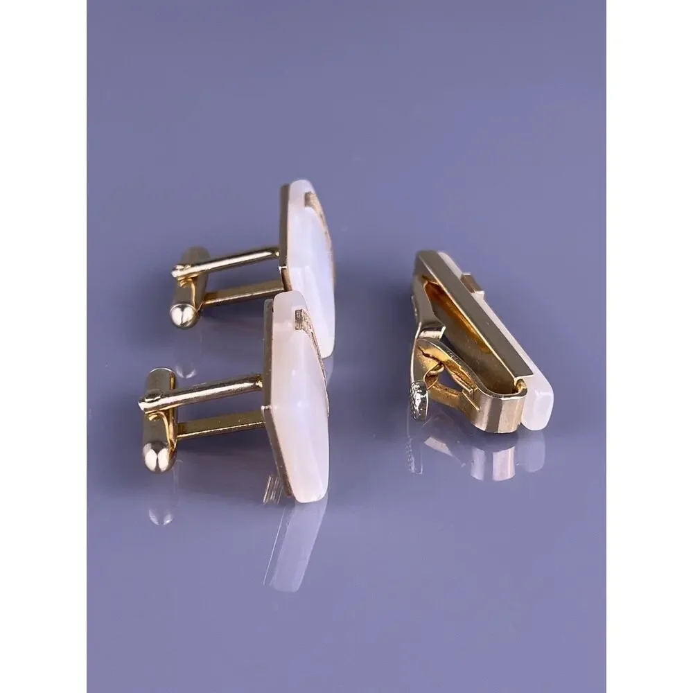 White Acrylic Pearlescent Cufflinks Tie Clip Bar Gold Tone Scrolls Swank Vintage